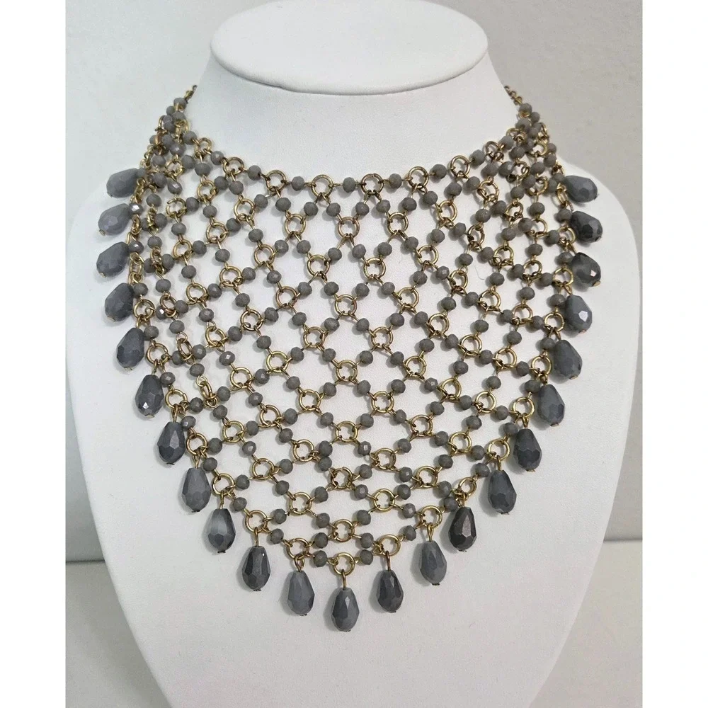 Fashion Necklace Lot – 3 Beaded‎ Necklaces Netted Chain Link Bib Multi-strand